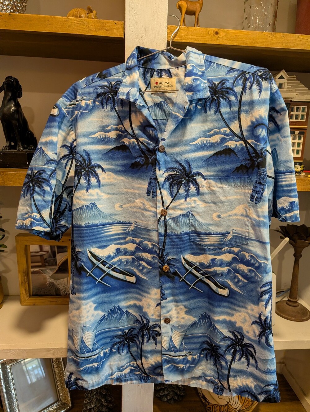 Blue White Royal Hawaiian Creations Cotton Hawaiian Shirt Mens Large